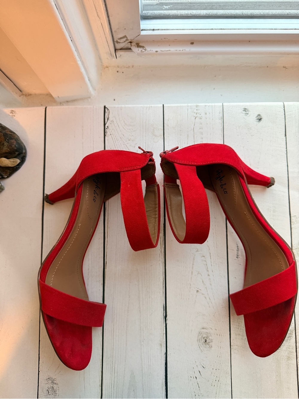 Style & Co. | Red Faux Suede Ankle-Strap Open Toe Heels - Picture 3 of 9